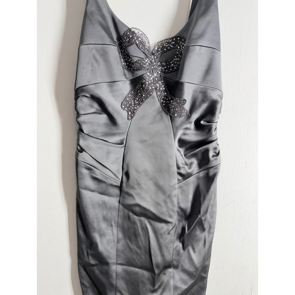David Meister Gray Satin Cocktail Dress Sequined Bow Ruched Bodycon Evening 10